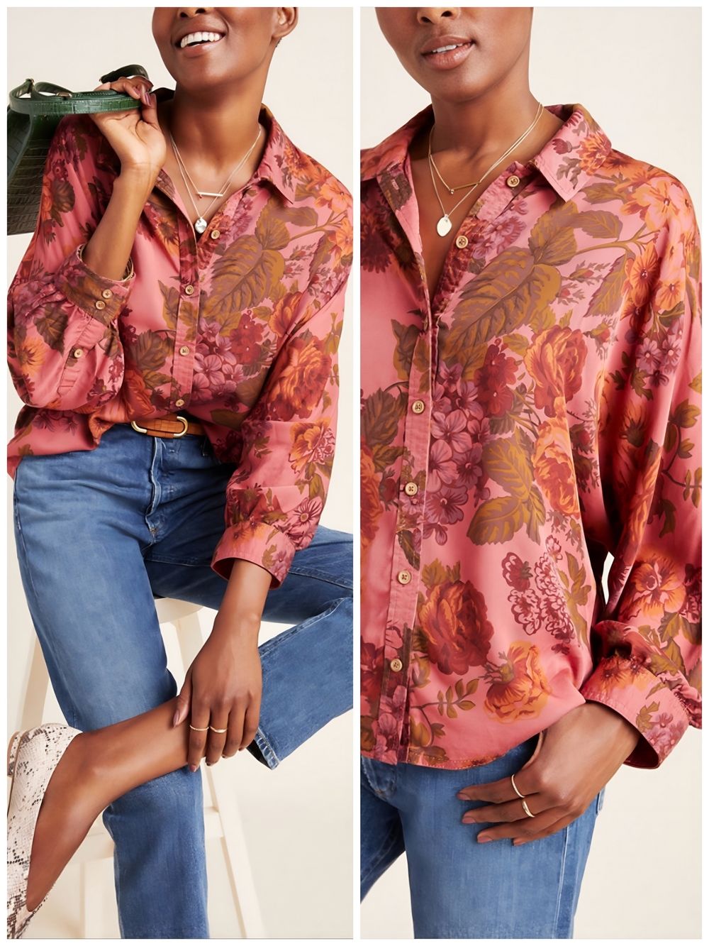 Anthro Floral Pink Dolman Button Up Halie Top, MP